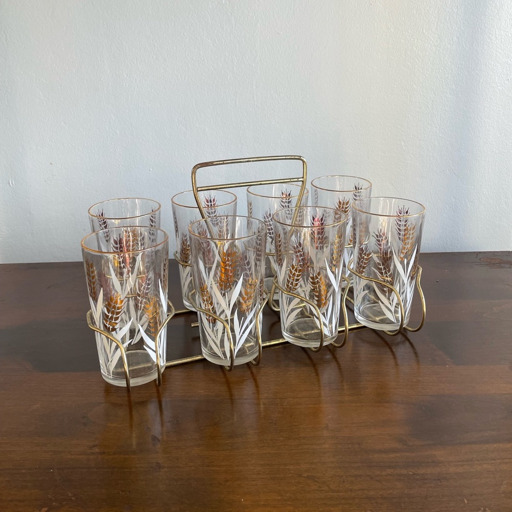 8 Vintage MidCentury Gold Wheat Tumbler Glasses with Caddy